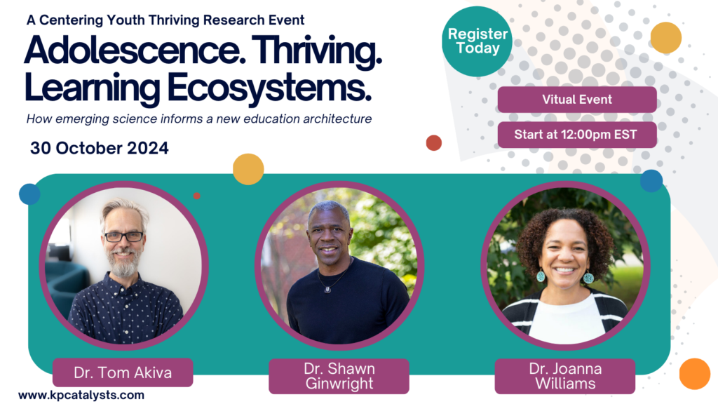 Webinar graphic featuring photos of Dr. Tom Akiva, Dr. Shawn Ginwright, and Dr. Joanna Williams